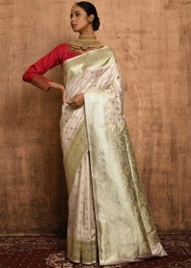 White Zari Woven Classic Saree In Banarasi Silk