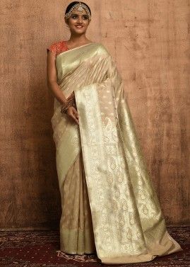 Cream Zari Woven Classic Saree In Banarasi Silk