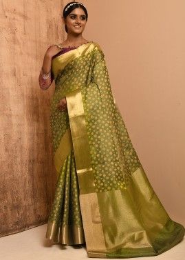 Green Banarasi Silk Saree With Woven Details