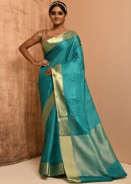 Blue Plain Banarasi Silk Saree With Blouse