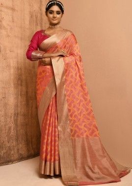 Peach Woven Classic Saree In Banarasi Silk