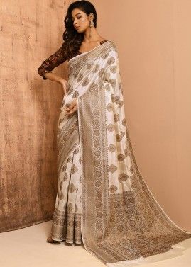 Off White Woven Saree In Banarasi Silk