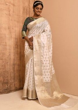 White Banarasi Silk Saree With Zari Woven Work