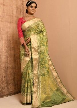 Green Floral Woven Saree In Banarasi Silk