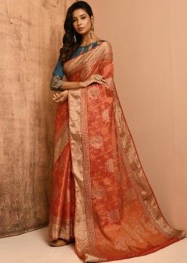 Orange Floral Woven Saree In Banarasi Silk
