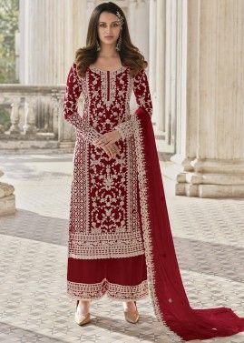 Red Dori Embroidered Palazzo Suit Set