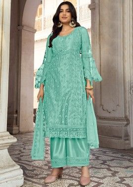 Seafoam Green Sequins Embellished Palazzo Suit Set In Net