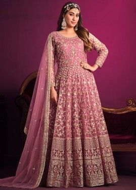 Pink Embroidered Net Anarkali Suit Set