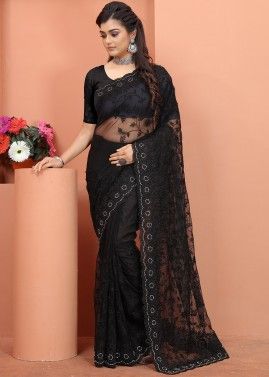 Black Party Wear Embroidered Net Saree