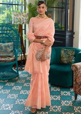 Peach Sequined Luchnowi Saree With Blouse