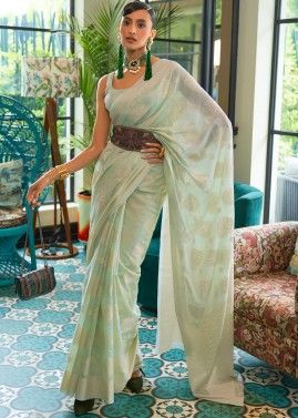 Green Sequined Art Silk Saree With Blouse