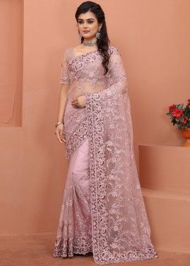 Pink Embroidered Net Festive Saree