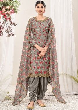 Grey Straight Cut Punjabi Suit Set In Net