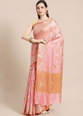 Peach Woven Saree In Banarasi Silk