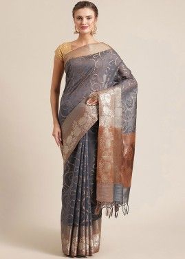 Grey Woven Saree In Banarasi Silk