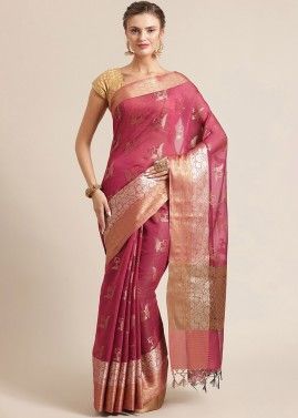 Magenta Woven Saree In Banarasi Silk