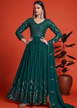 Green Georgette Embroidered Anarkali Style Suit