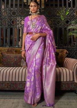Purple Art Silk Saree With Zari Woven Motifs