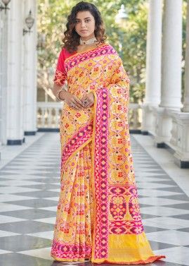 Yellow Patola Silk Saree With Woven Blouse