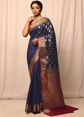Navy Blue Kanjivaram Silk Saree In Woven Designs