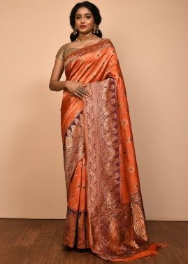 Orange Kanjivaram Silk Saree With Woven Border