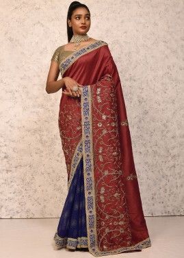 Red & Navy Blue Half N Half Embroidered Silk Saree