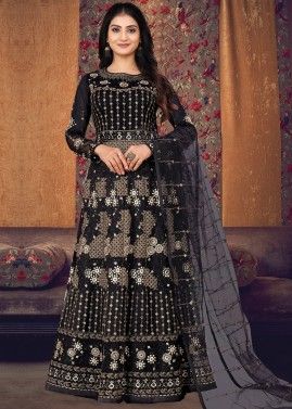 Black Embroidered Anarkali Suit Set In Net