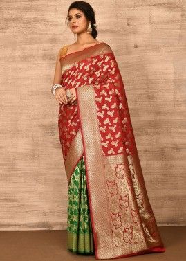 Red & Green Banarasi Silk Half N Half Saree