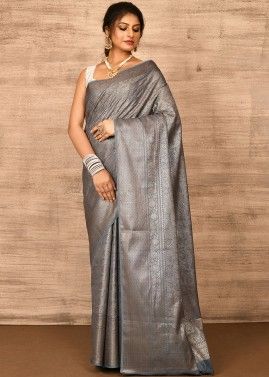 Grey Banarasi Silk Saree With Zari Woven Work