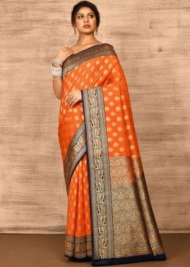 Orange Banarasi Silk Saree With Zari Woven Motifs