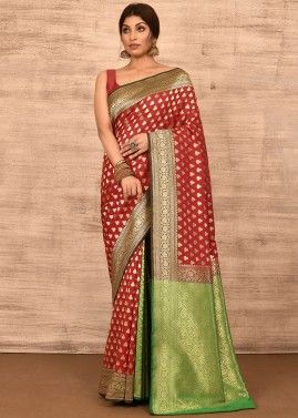 Red Banarasi Silk Saree With Distinctive Woven Pallu