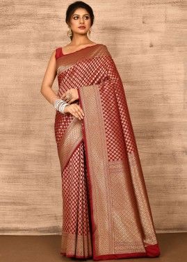 Red Banarasi Silk Bridal Saree With Woven Motifs 