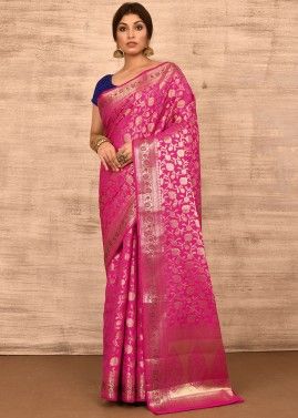 Pink Banarasi Silk Saree With Zari Woven Motifs