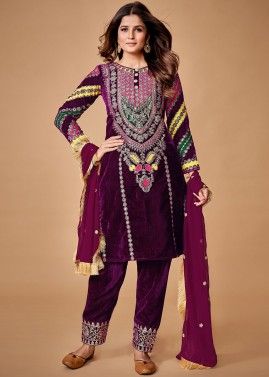 Readymade Purple Embroidered Velvet Pant Suit Set