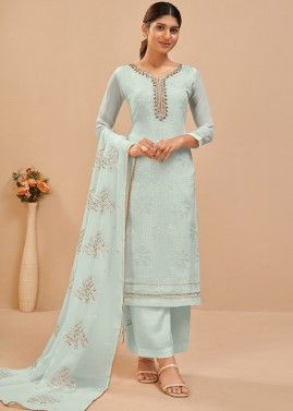 Blue Embroidered Palazzo Suit In Georgette