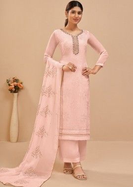 Pink Embroidered Georgette Palazzo Suit Set