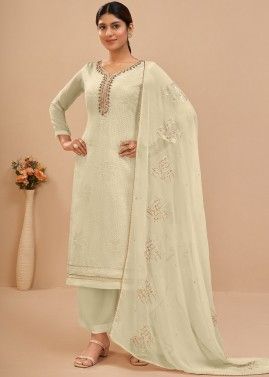 Off White Embroiderd Palazzo Style Suit & Dupatta
