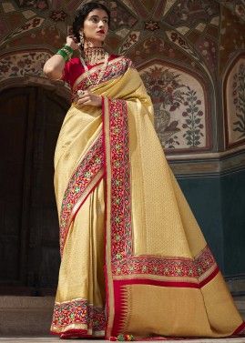 Golden Festive Art Silk Saree With Embroidered Blouse