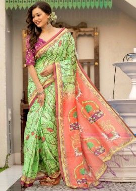 Green Casual Floral Linen Saree With Blouse