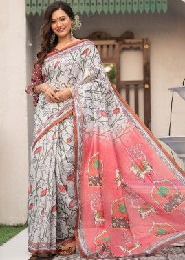 Grey Floral Linen Casual Saree With Blouse