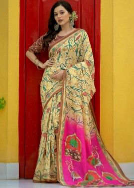 Yellow Floral Print Casual Saree With Blouse