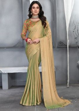 Green Party Wear Silk Saree With Printed Blouse