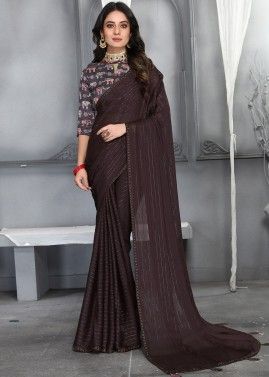 Brown Party Wear Silk Saree With Floral Blouse
