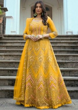Yellow Embroidered Anarkali Suit Set In Net