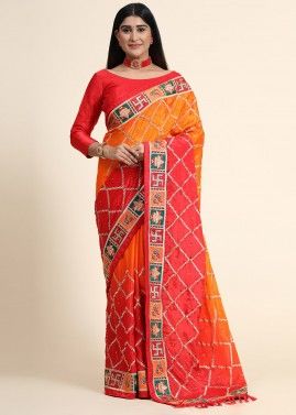 Orange And Red Thread Embroidered Festive Saree With Blouse