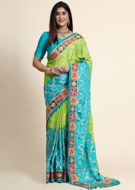 Green And Blue Thread Embroidered Festive Saree With Blouse