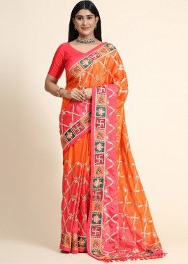 Orange And Peach Thread Embroidered Festive Saree With Blouse