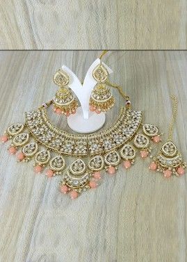 Peach Studded Kundan Necklace Set