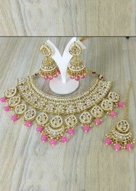 Pink Necklace Set In Studded Kundan