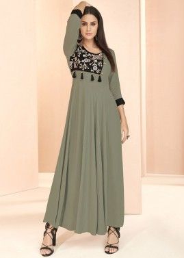 Olive Green Rayon Readymade Indo Western Dress